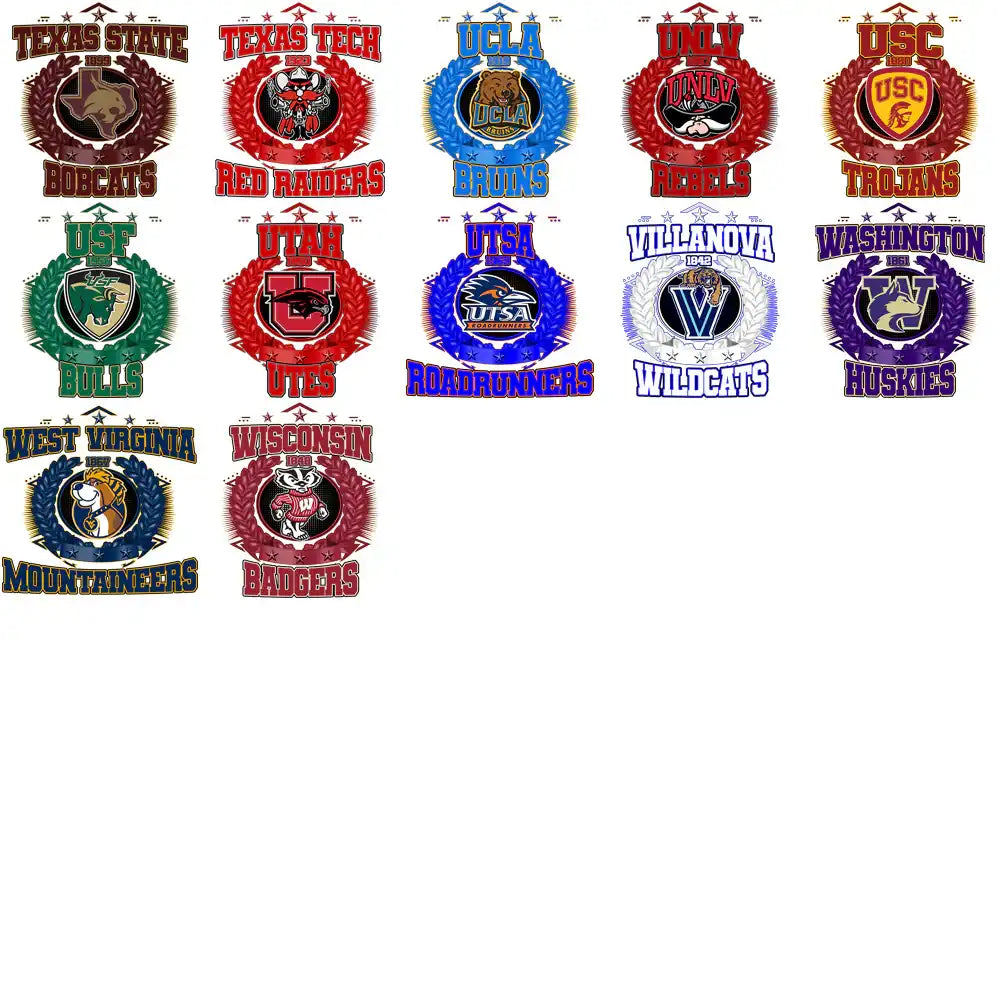 College team logos for DTF/DTG printing, including Texas State, UCLA, USC, Utah, and Wisconsin designs