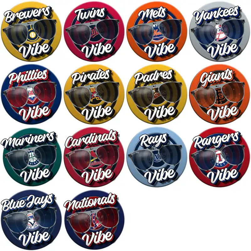 Baseball team vibe badges with sunglasses and logos for print-ready designs