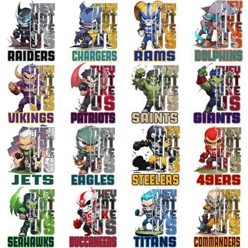 Chibi NFL team mascots with 'They Not Like Us' text, print-ready for DTF, DTG, embroidery