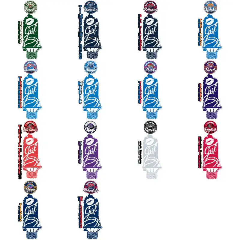 Basketball-themed 'Girl' designs with team logos, hoop, and kiss mark for DTF/DTG printing