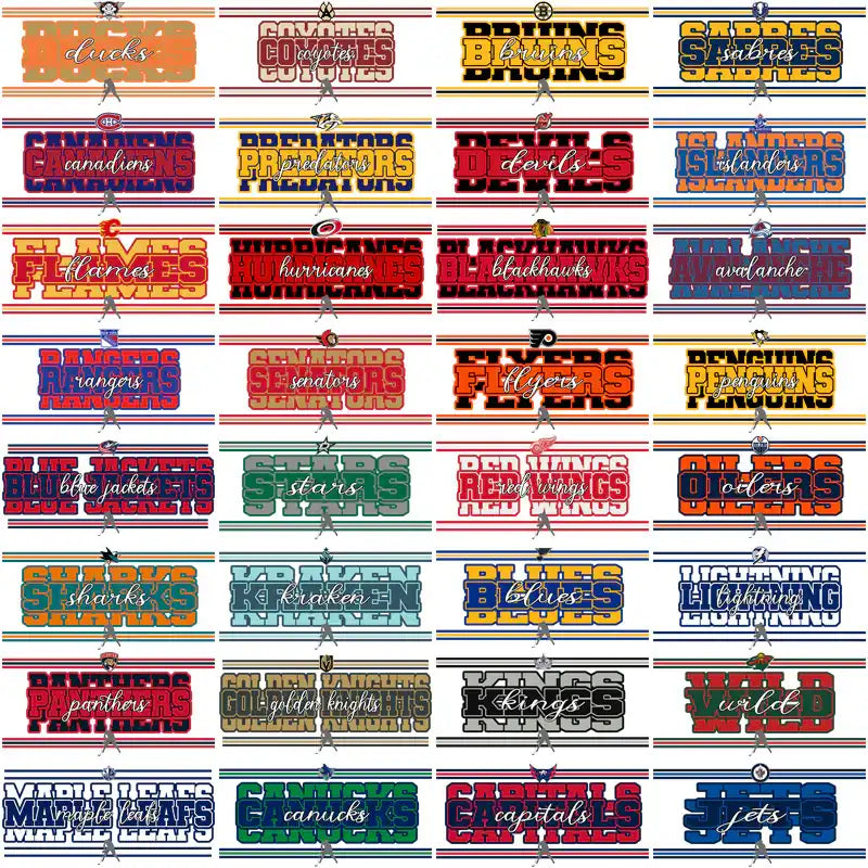 NHL team logos in retro-style designs for DTF/DTG and embroidery, print-ready PNG/SVG files