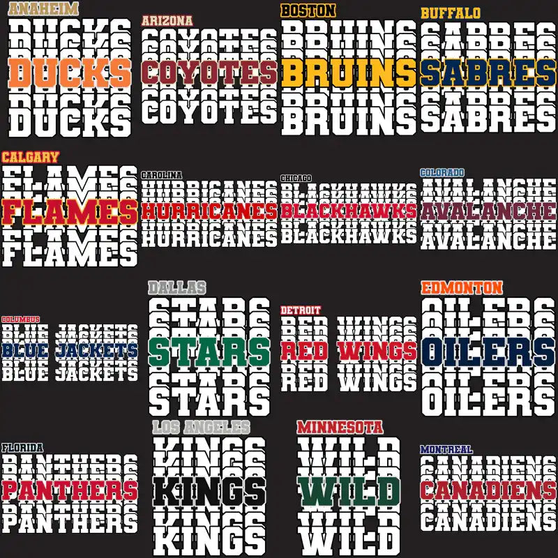 NHL team logos in bold typography for DTF/DTG designs, featuring Ducks, Coyotes, Bruins, Sabres, and more.
