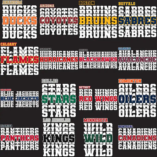NHL team logos in bold typography for DTF/DTG designs, featuring Ducks, Coyotes, Bruins, Sabres, and more.
