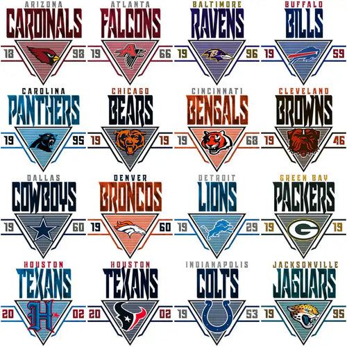 NFL team logos in triangular designs for DTF/DTG and embroidery use
