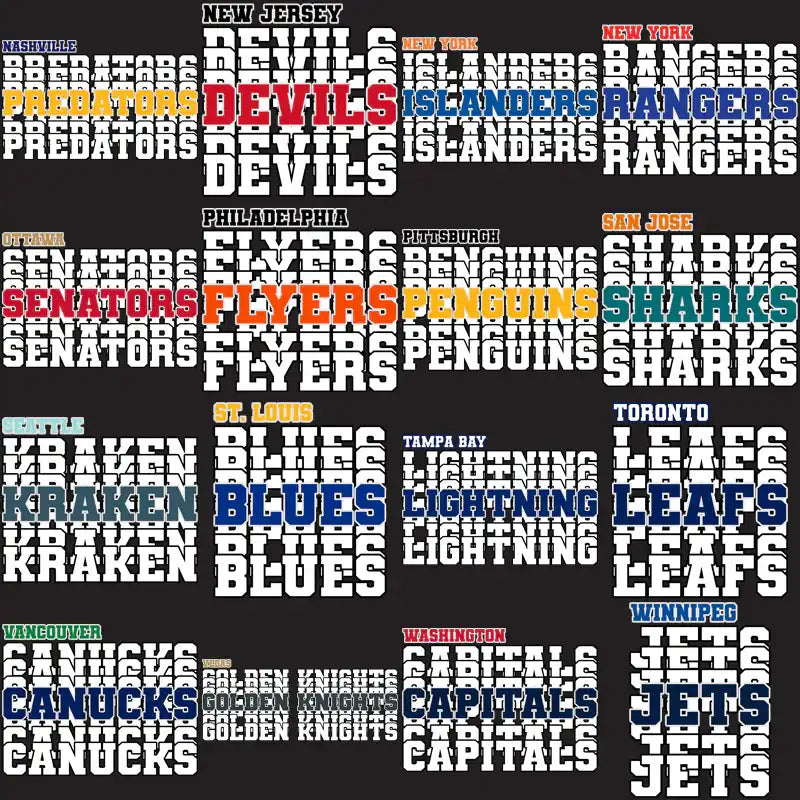 NHL team logos and names in bold typography for print-ready designs