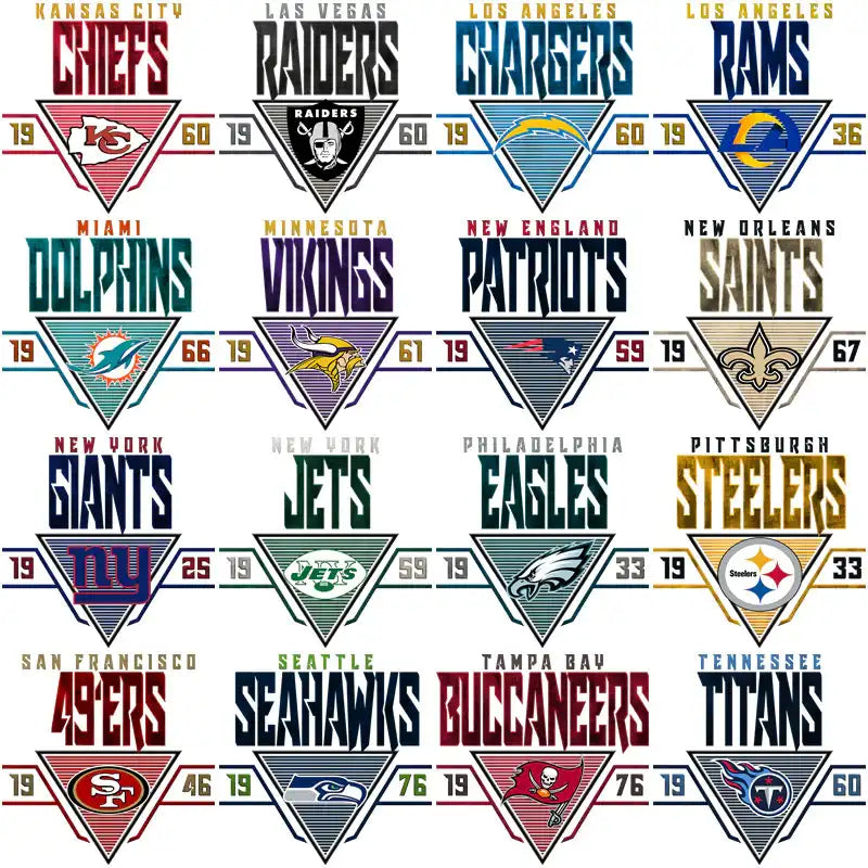 NFL team logos in retro triangular designs for DTF, DTG, embroidery, and tumbler wraps