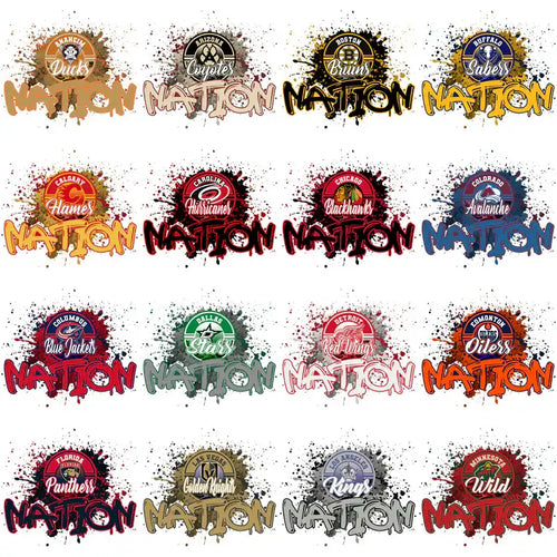Hockey team logos with 'Nation' text, vibrant splatter designs for DTF/DTG printing