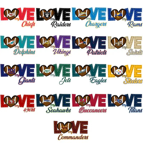 NFL team love designs with heart-shaped footballs for DTF/DTG and embroidery projects