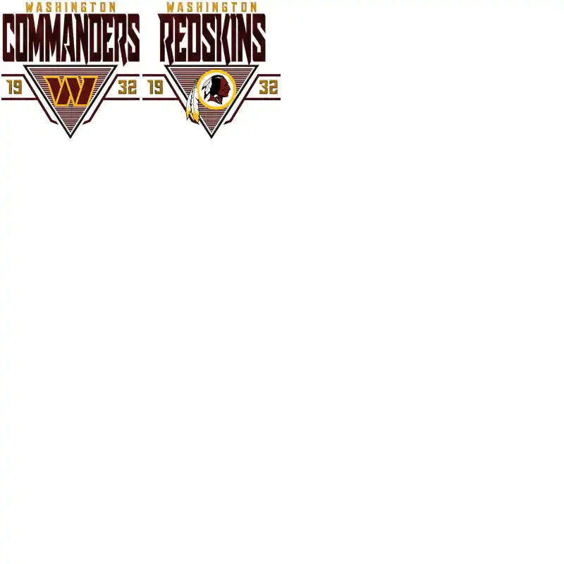 Washington Commanders and Redskins retro logos with team numbers and vintage design elements