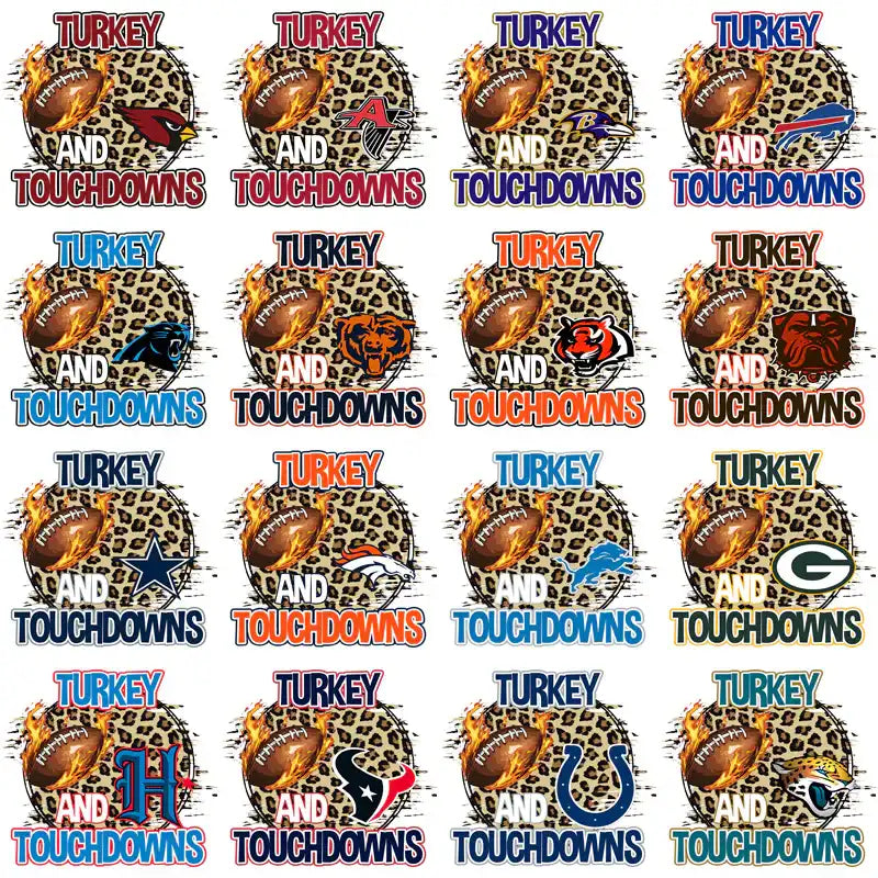 Turkey and Touchdowns football designs with team logos on leopard print, perfect for DTF/DTG printing.