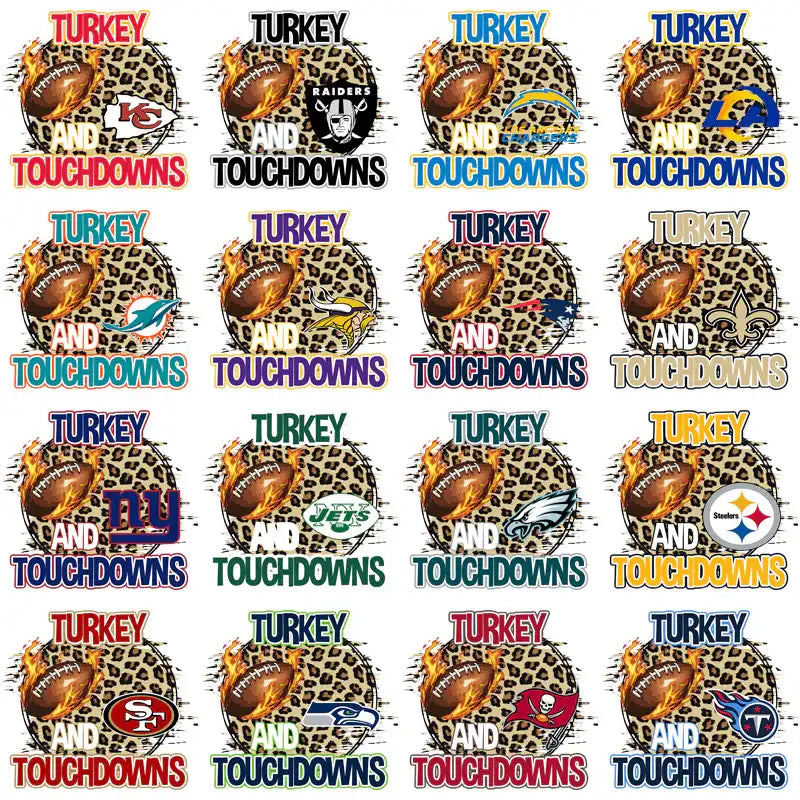 Turkey and Touchdowns NFL team designs with flaming footballs on leopard print, print-ready for DTF DTG