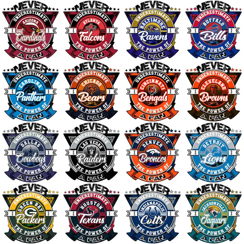 NFL team fan designs with 'Never Underestimate the Power of a Fan' text for DTF/DTG and embroidery