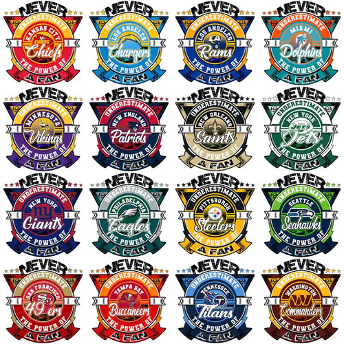 NFL team fan power badges for DTF/DTG and embroidery designs, print-ready PNG, SVG, PES