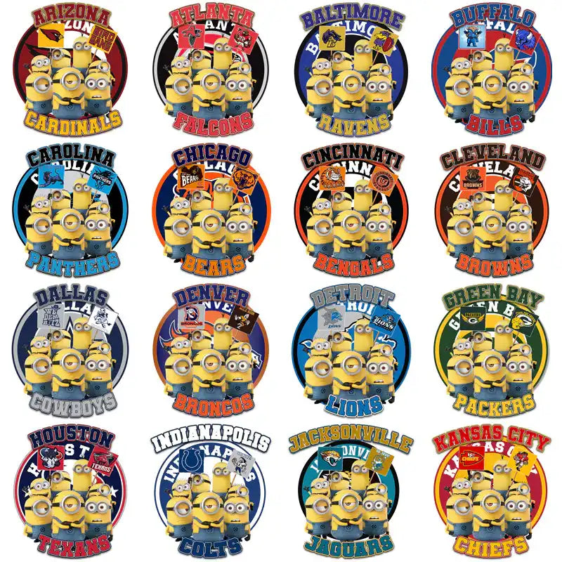 Minions NFL team logos for DTF/DTG designs, featuring print-ready PNG, PES & SVG bundles.