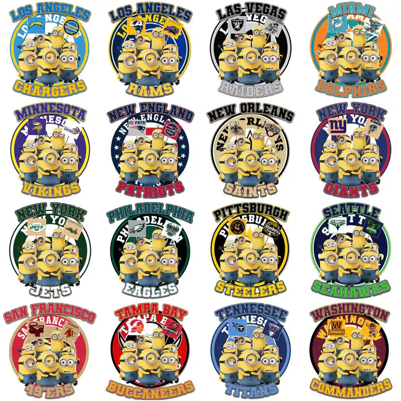 Minions NFL team designs for DTF/DTG, embroidery, tumbler wraps, print-ready PNG, PES, SVG