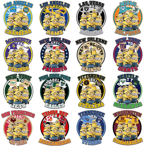 Minions NFL team designs for DTF/DTG, embroidery, tumbler wraps, print-ready PNG, PES, SVG