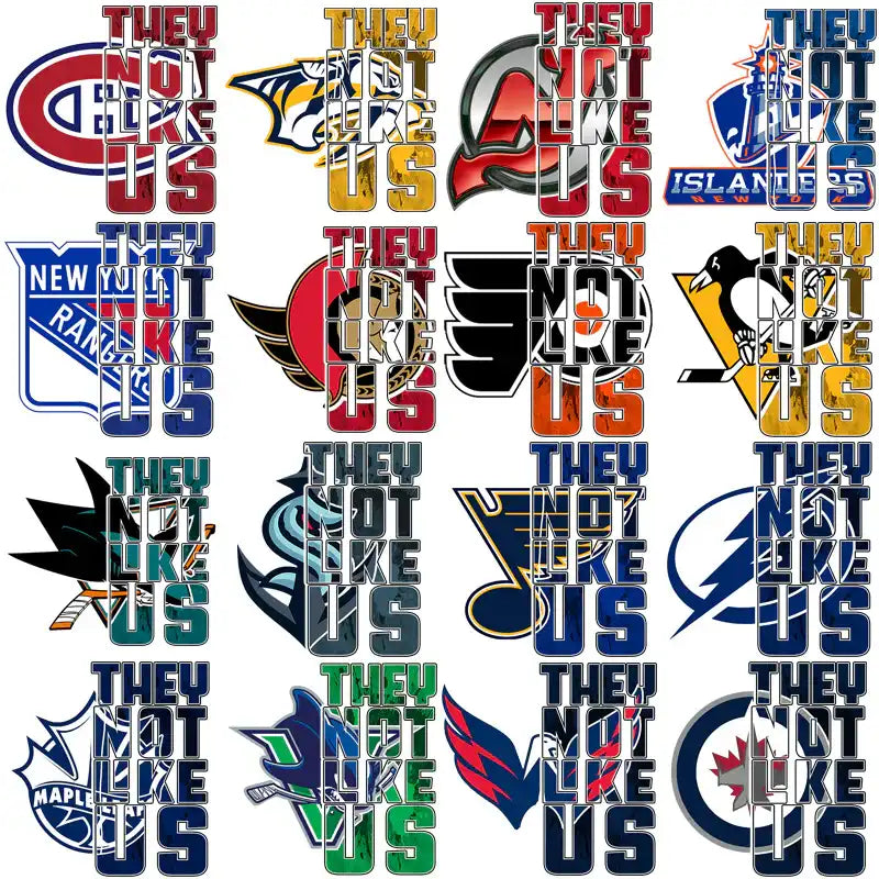NHL team logos with 'They Not Like Us' text, print-ready DTF/DTG designs for t-shirts and apparel