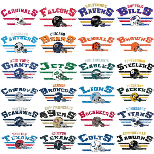 NFL team logos with helmets and striped designs for DTF/DTG and embroidery