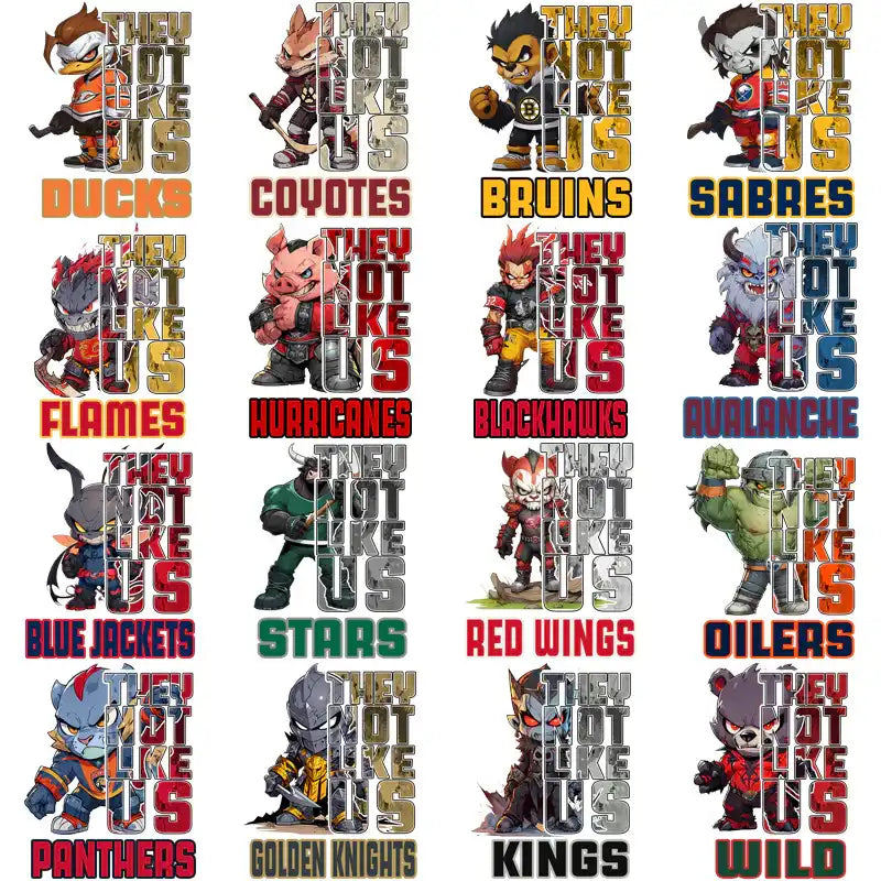 Chibi NHL team mascots with 'They Not Like Us' text, print-ready for DTF/DTG, embroidery, SVG/PNG