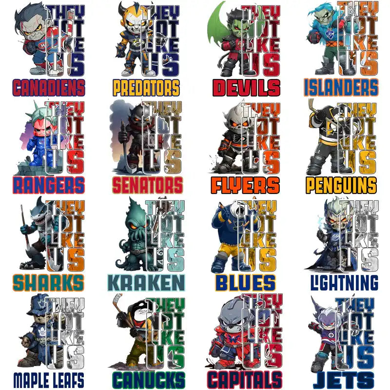 Chibi NHL team mascots with 'They Not Like Us' text, print-ready for DTF/DTG, embroidery, tumbler wraps