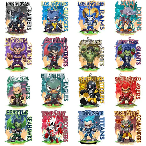 Chibi NFL team mascots with vibrant colors and dynamic poses for print-ready designs