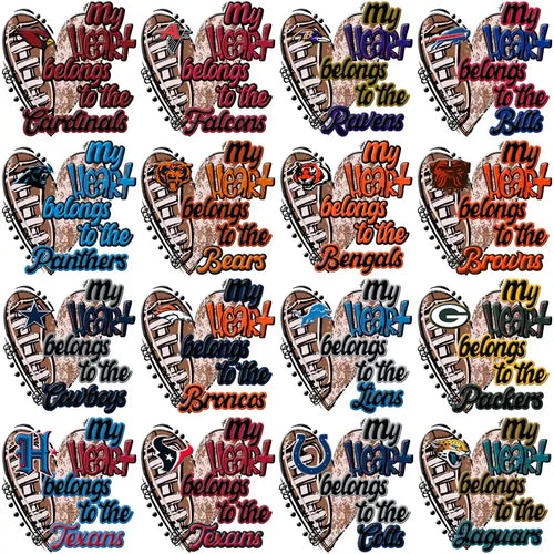 Football-themed heart designs for NFL teams, print-ready for DTF/DTG and embroidery projects.