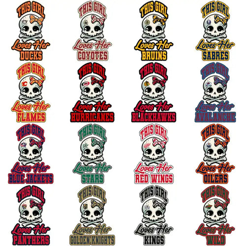 Skull designs with team names like Ducks, Coyotes, Bruins, Sabres for DTF/DTG and embroidery