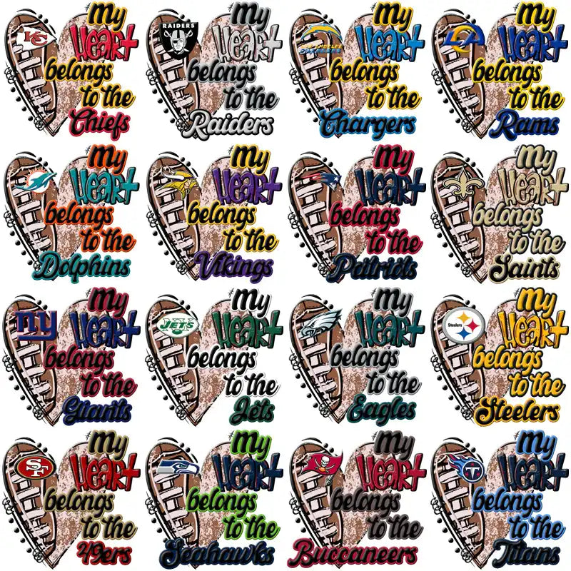 NFL team heart designs for DTF/DTG, embroidery, and tumbler wraps featuring logos and team names.