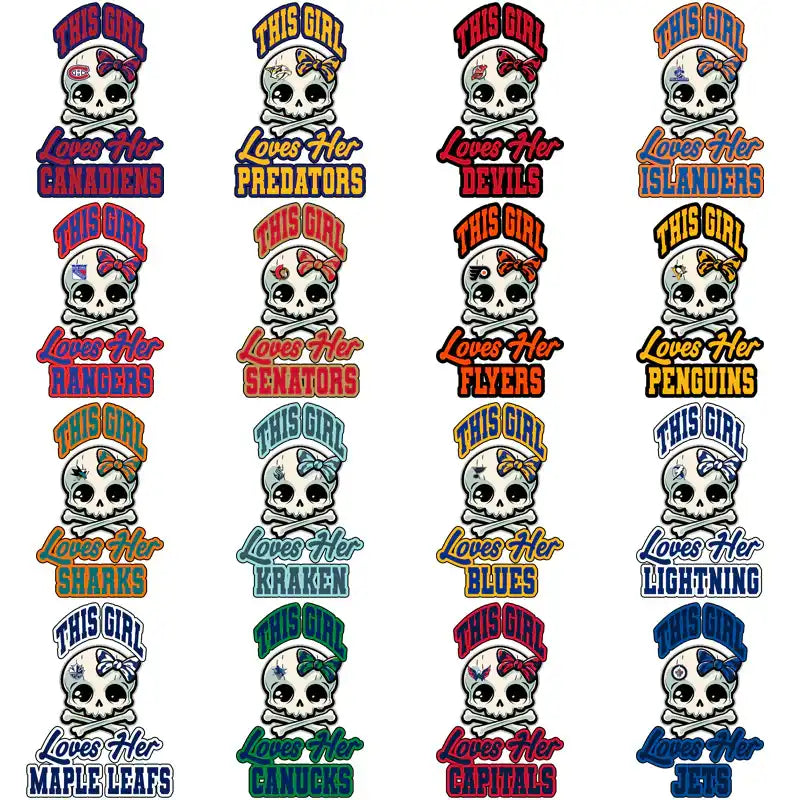 Skull designs with bows and NHL team names for DTF/DTG and embroidery projects