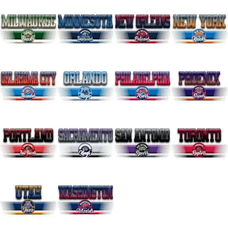 NBA team city name graphics with logos, print-ready for DTF, DTG, embroidery, tumbler wraps