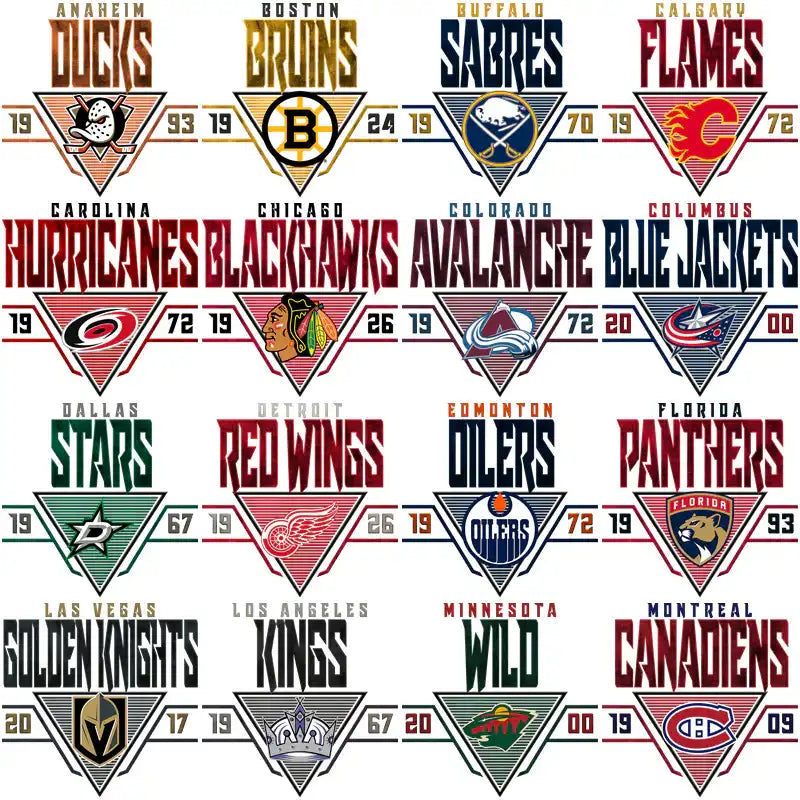 NHL team logos in retro triangle designs for DTF, DTG, embroidery, and tumbler wraps – print-ready PNG, SVG, PES