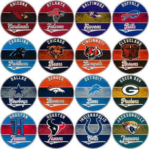 NFL team logos on distressed wood-style circular designs for DTF, DTG, embroidery, and tumbler wraps