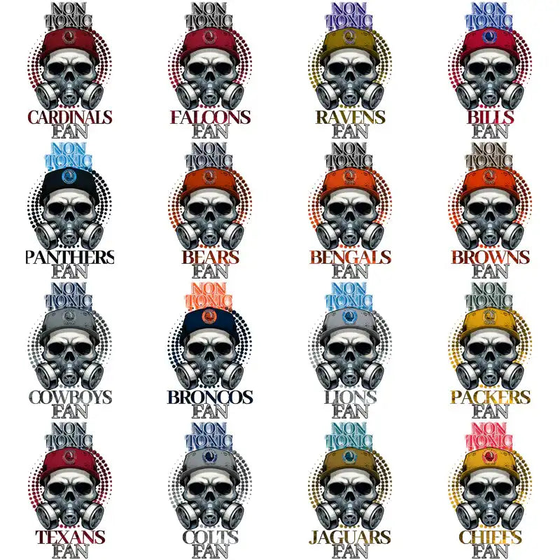 Skull designs with gas masks and NFL team caps for DTF/DTG printing