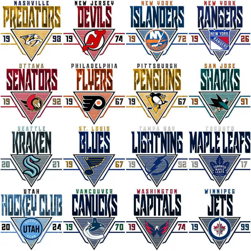 NHL team logos in triangular designs for DTF/DTG and embroidery use