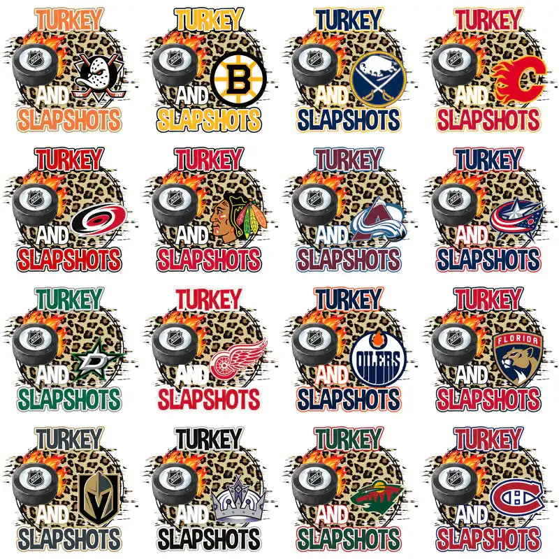 Turkey and Slapshots NHL team designs with hockey pucks, flames, and leopard print backgrounds for DTF/DTG printing