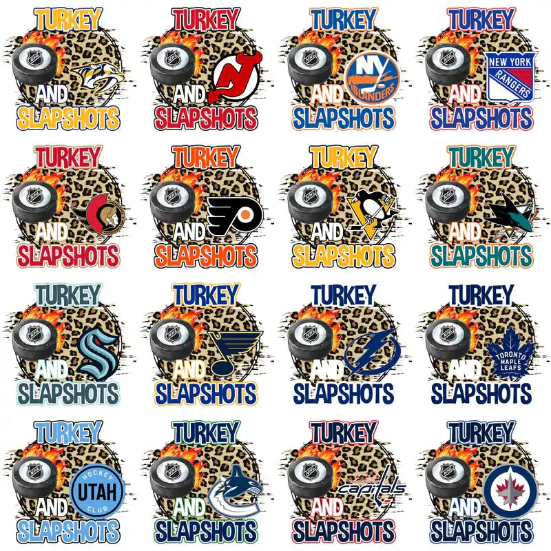 Turkey and Slapshots NHL team designs with leopard print and flames for DTF/DTG printing