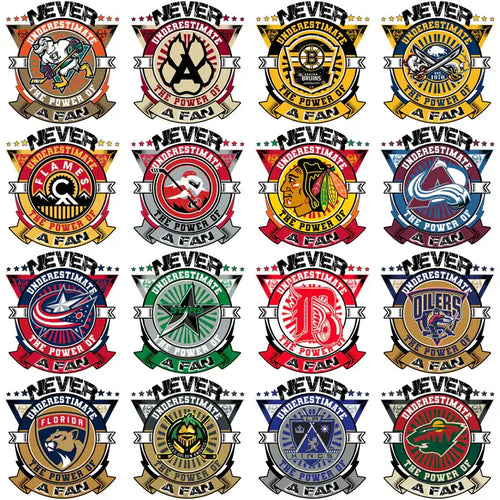 NHL team fan power emblems with vibrant logos and bold text for print-ready designs
