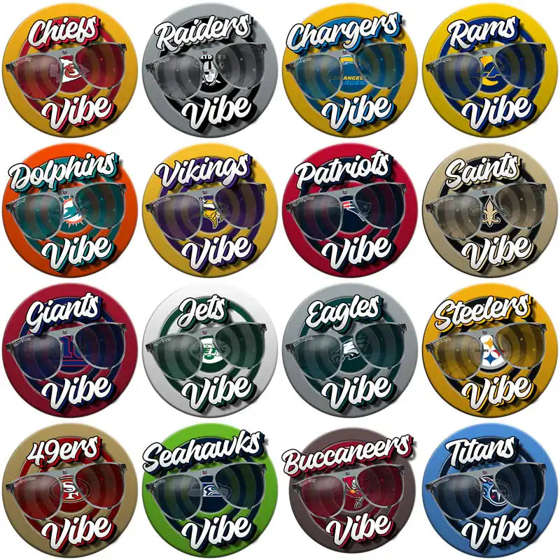 NFL team vibe sunglasses designs for DTF/DTG printing, featuring Chiefs, Raiders, Chargers, and more.