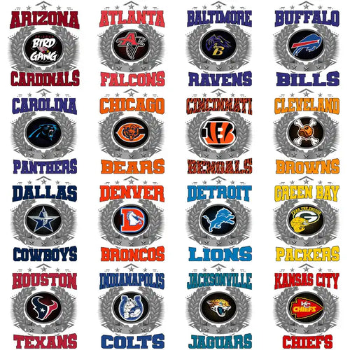 NFL team logos in wreath designs for DTF, DTG, embroidery, and tumbler wraps – print-ready PNG, SVG, PES