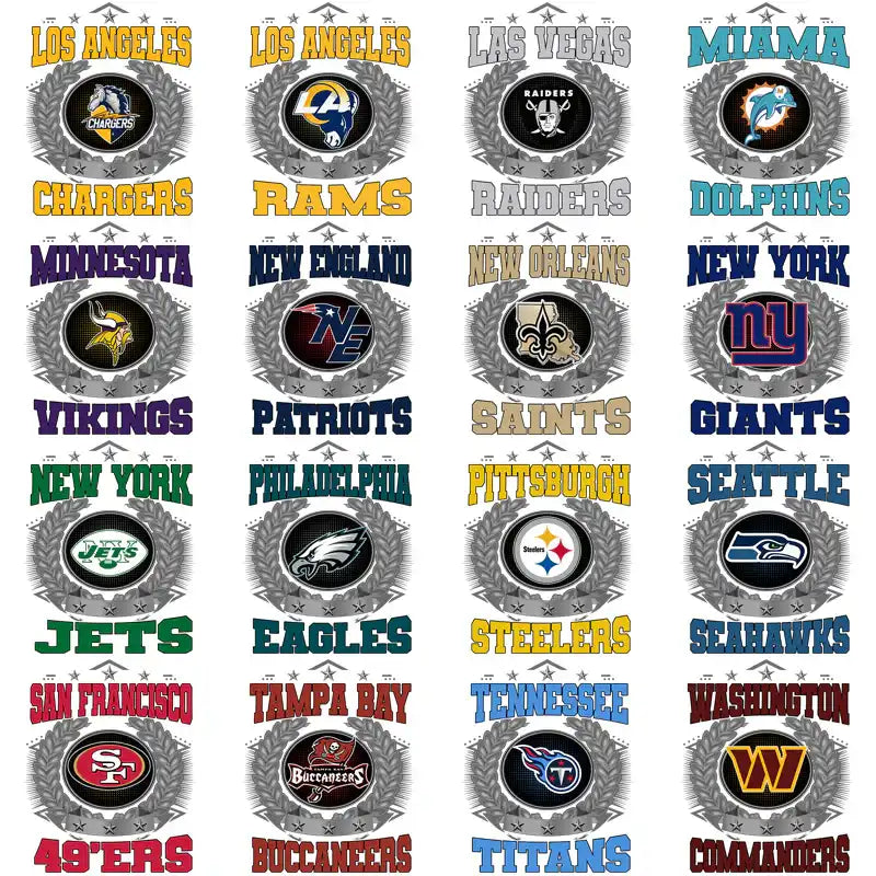 NFL team logos in circular wreath designs for DTF/DTG and embroidery use