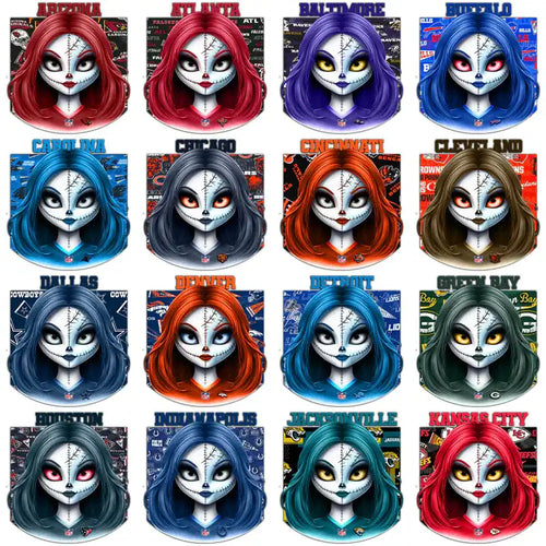 Halloween NFL team-themed spooky girl designs for DTF/DTG, embroidery, and tumbler wraps