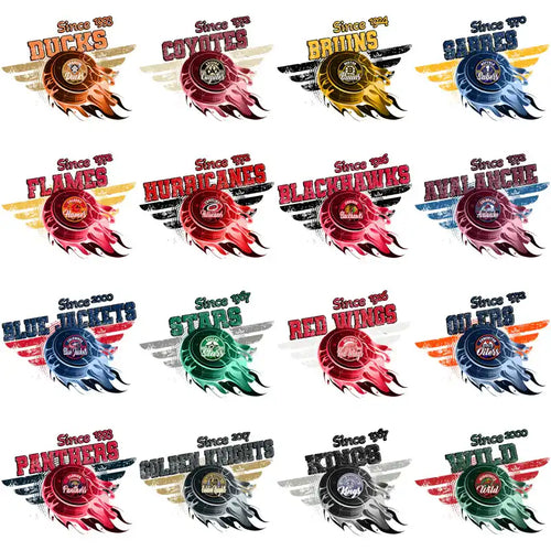 Hockey team logos with flames and wings, print-ready designs for DTF/DTG and embroidery.