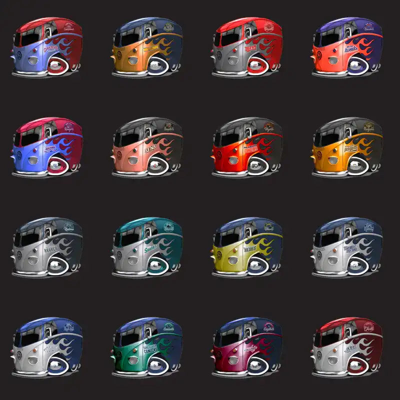 16 colorful flame-decorated van designs for DTF, DTG, embroidery & tumbler wraps, print-ready PNG, SVG, PES