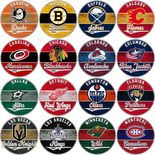 NHL team logos on rustic wood designs for DTF/DTG and embroidery projects