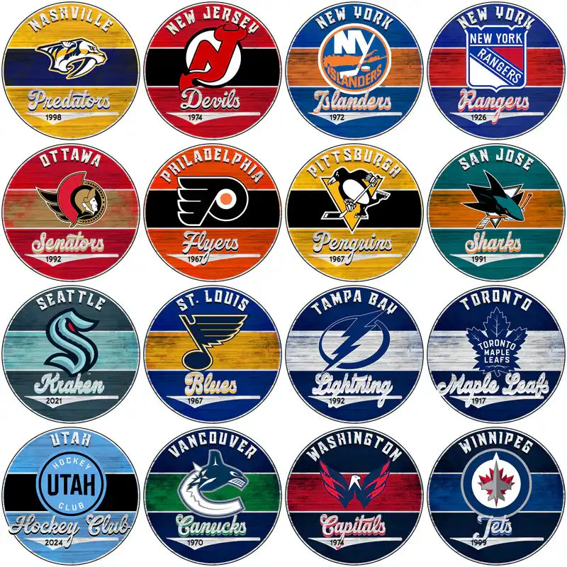 NHL team logos on vintage wood-style circular designs for DTF, DTG, embroidery, and tumbler wraps