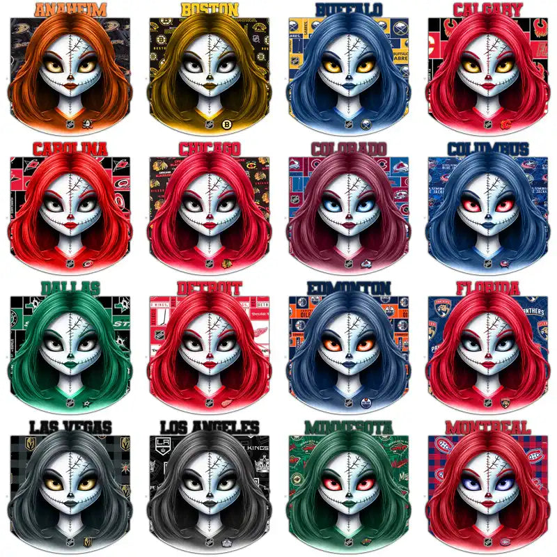 Halloween-themed NHL team designs with spooky stitched faces and team colors for DTF/DTG printing.
