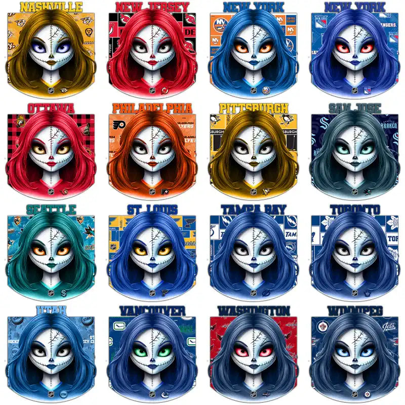 Halloween-themed NHL team designs with spooky stitched faces and vibrant team colors