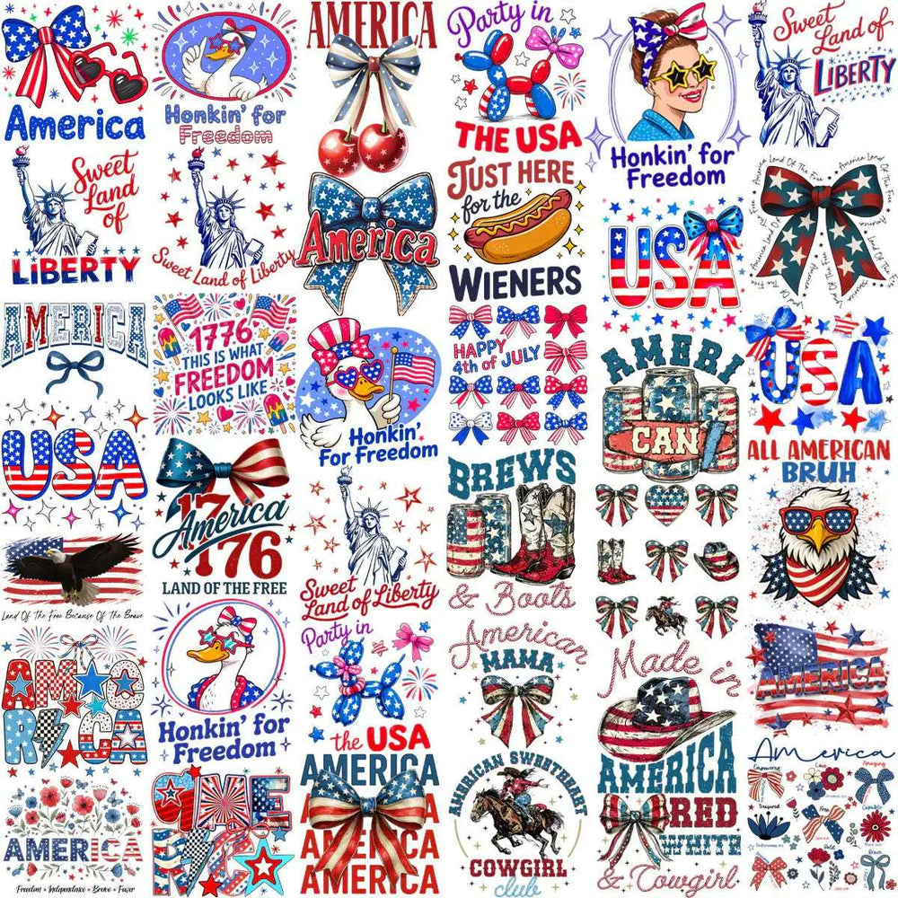 Patriotic USA designs with eagles, flags, bows, and Liberty for DTF, DTG, embroidery, and tumbler wraps