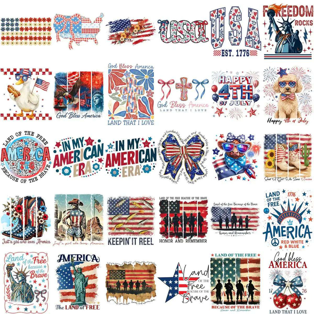 Patriotic USA designs with flags, eagles, Statue of Liberty, 4th of July themes for DTF, DTG, embroidery