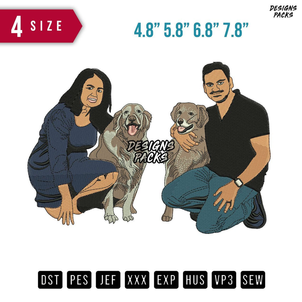 Couple And Dogs Embroidery Design